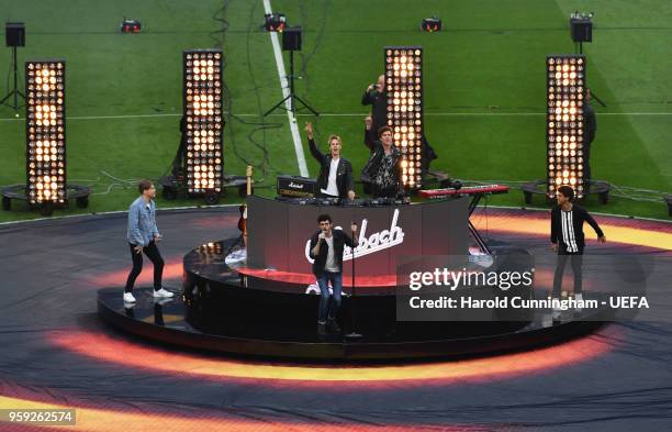 Musicians Ofenbach perform ahead of the UEFA Europa League Final between Olympique de Marseille and Club Atletico de Madrid at Stade de Lyon on May...