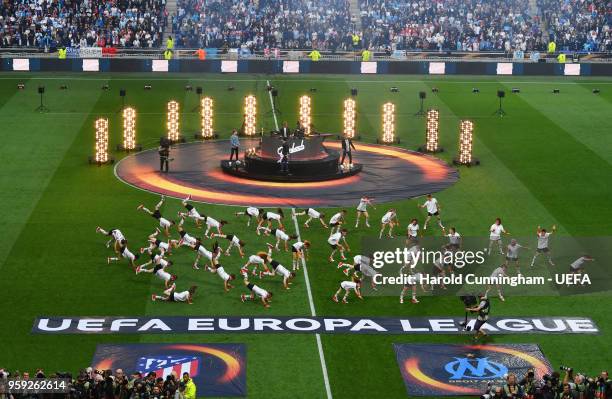 Musicians Ofenbach perform ahead of the UEFA Europa League Final between Olympique de Marseille and Club Atletico de Madrid at Stade de Lyon on May...