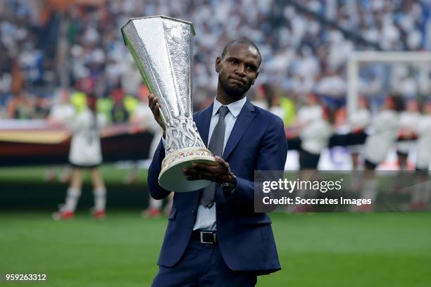 Eric Abidal with the trophy during the UEFA Europa League match between Olympique Marseille v Atletico Madrid at the Parc Olympique Lyonnais on May...