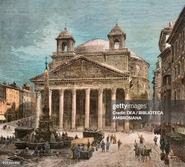 The facade of the Pantheon, Rome, Lazio, Italy, engraving from L'Illustrazione Italiana, Year 5, No 3, January 20, 1878. Digitally colorized image.