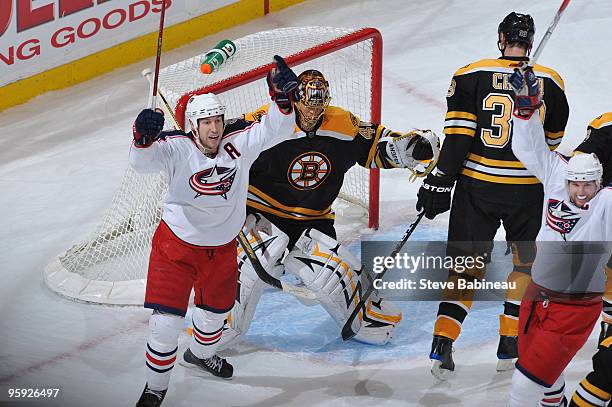 Umberger of the Columbus Blue Jackets celebrates a goal against the Boston Bruins at the TD Garden on January 21, 2010 in Boston, Massachusetts.