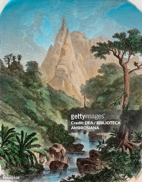 Peaks of Long Mountain , Mauritius, drawing by E de Berard from Travel by Ida Pfeiffer from Il Giro del mondo , Journal of geography, travel and...
