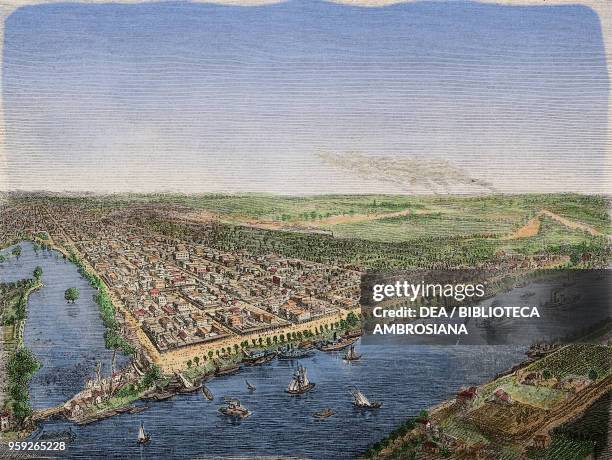 Panoramic view of Sacramento, United States of America, drawing by Regis after a Californian engraving, from Travels in California by Louis Laurent...