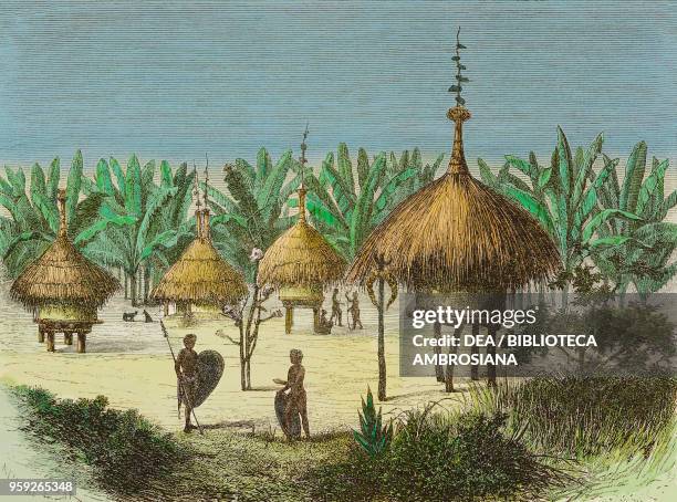 Barns on stilts belonging to the Zande people, drawing by Alexandre De Bar from a sketch by Schweinfurth, from Heart of Africa: Three years' travels...