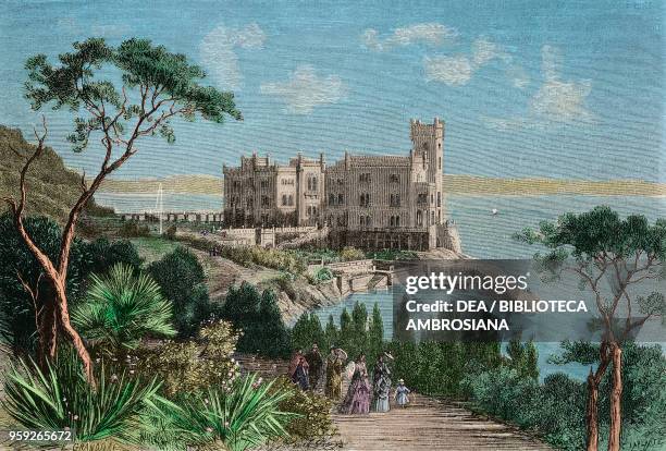 Miramare castle near Trieste, Italy, engraving from L'Illustrazione Italiana, Year 3, No 2, November 7, 1875. Digitally colorized image.