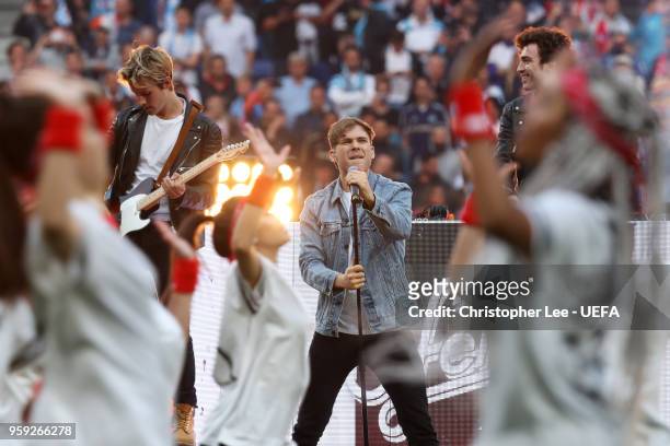 Musicians Ofenbach perform during the UEFA Europa League Final between Olympique de Marseille and Club Atletico de Madrid at Stade de Lyon on May 16,...