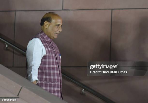 Union Home Minister Rajnath Singh at the BJP Head office after party emerged as single largest party but fell short of majority mark in Karnataka...