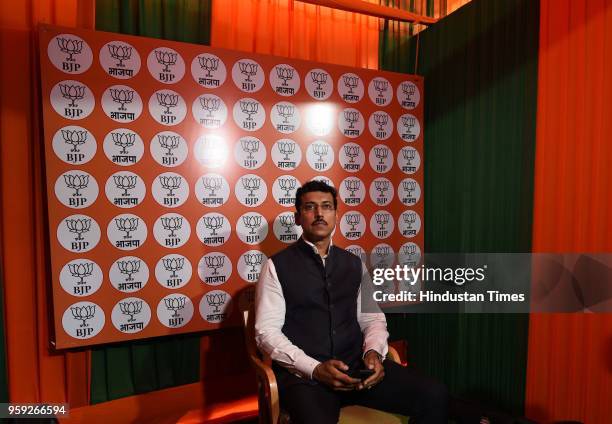 Rajyavardhan Rathore at the BJP head office headquarters after BJP emerged as the single largest party in Karnataka Assembly elections on May 15,...