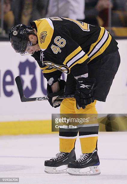 David Krejci of the Boston Bruins reacts after the game against the Columbus Blue Jackets on January 21, 2010 at the TD Garden in Boston,...