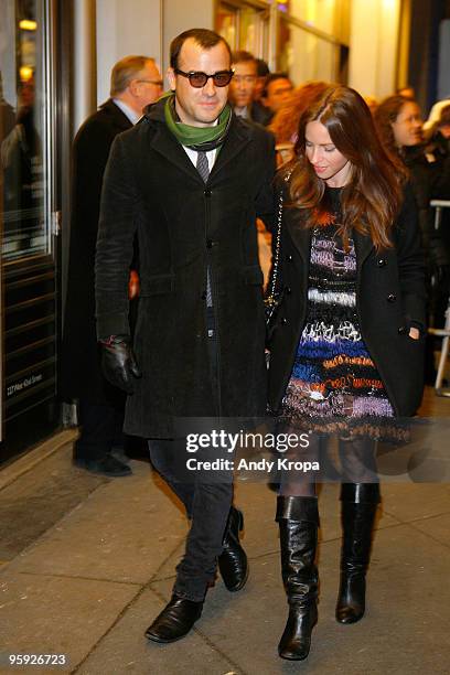 Justin Theroux and Heidi Bivens attend the opening night of "Present Laughter" at the American Airlines Theatre on January 21, 2010 in New York City.