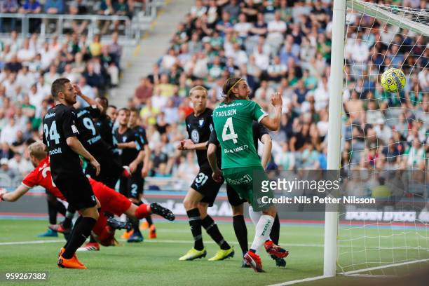 Nikola Djurdjic of Hammarby scores to 1-1 during the Allsvenskan match between Hammarby IF and Malmo FF at Tele2 Arena on May 16, 2018 in Stockholm,...