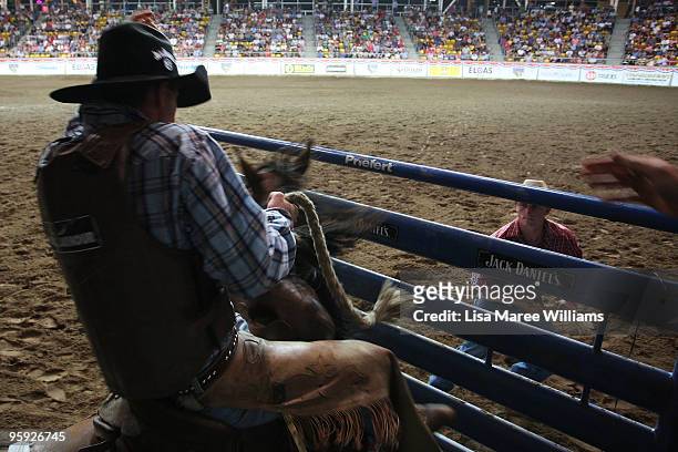 Bronc rider Michael Murray pulls out of the shoots at the ABCRA National Rodeo Finals on January 21, 2010 in Tamworth, Australia. The National Rodeo...