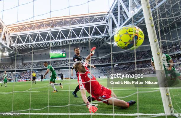 Nikola Djurdjic of Hammarby scores to make it 2-2 during the Allsvenskan match between Hammarby IF and Malmo FF at Tele2 Arena on May 16, 2018 in...