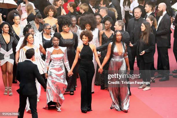 Authors of the book 'Noire N'est Pas Mon Métier' attend the screening of "Burning" during the 71st annual Cannes Film Festival at Palais des...