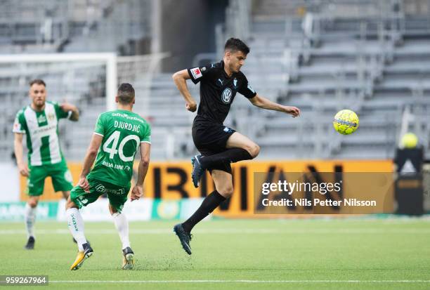 Nikola Djurdjic of Hammarby and Alexander Jeremejeff of Malmo FF during the Allsvenskan match between Hammarby IF and Malmo FF at Tele2 Arena on May...