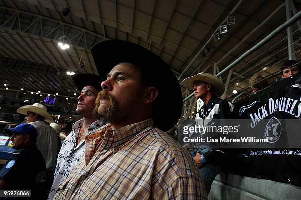 Cowboys crowd in close to the shoots to see the bull riders compete at the ABCRA National Rodeo Finals on January 21, 2010 in Tamworth, Australia....