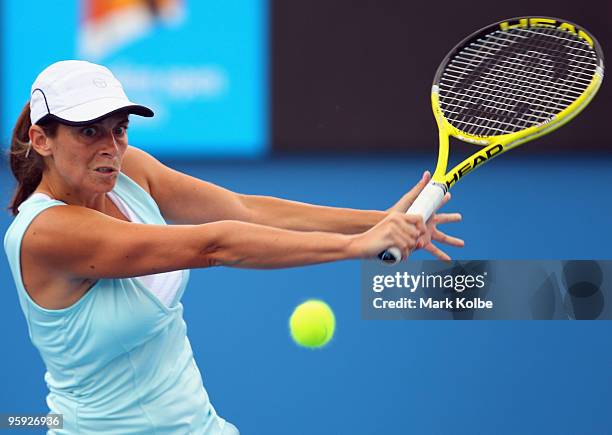 Roberta Vinci of Italy plays a backhand in her third round match against Maria Kirilenko of Russia during day five of the 2010 Australian Open at...