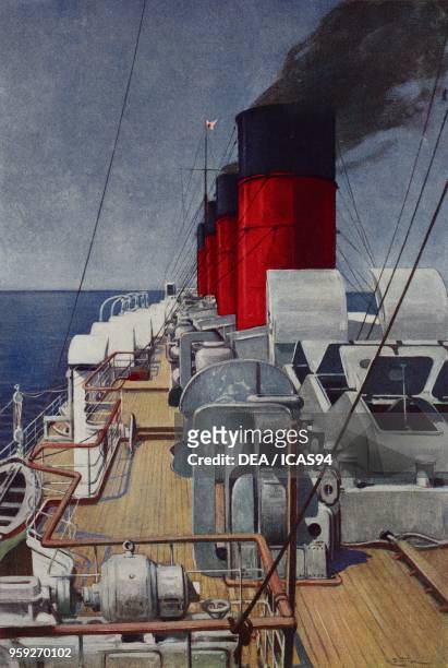 The SS France, French ocean liner , illustration from 'Les Merveilles des Sciences et de l'Industrie', by Eugene-Henri Weiss, published by Hachette,...