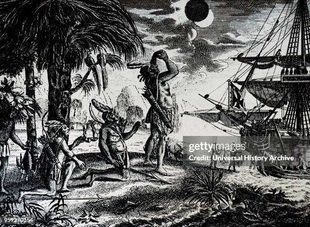 Engraving depicting native Indians watching a lunar eclipse that had been foretold by Christopher Columbus. Christopher Columbus. An Italian...