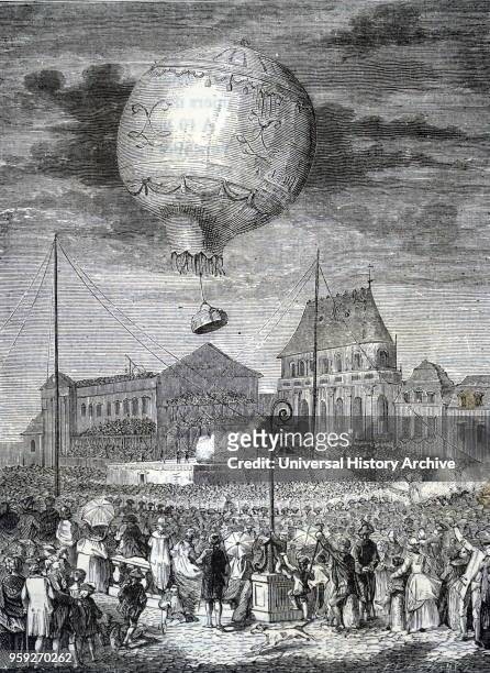 Engraving depicting the Montgolfier brothers making a hot-air balloon ascent at Versailles in front of the French royal family in 1783. Joseph-Michel...