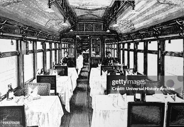 Engraving depicting a dining car of a Compagnie internationale des wagons-lits. Dated 19th century.
