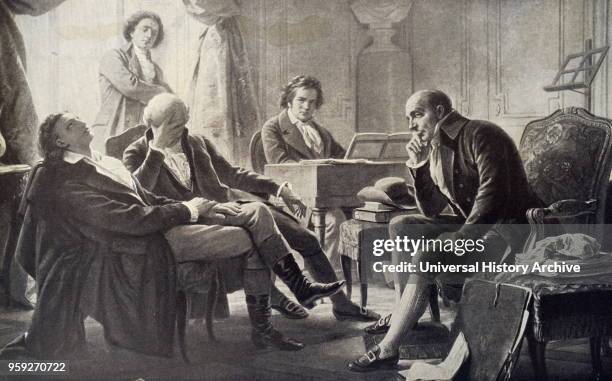 Painting of Ludwig van Beethoven a German composer and pianist, with his friends. Painted by Albert Grefle a German historical, genre, and portrait...