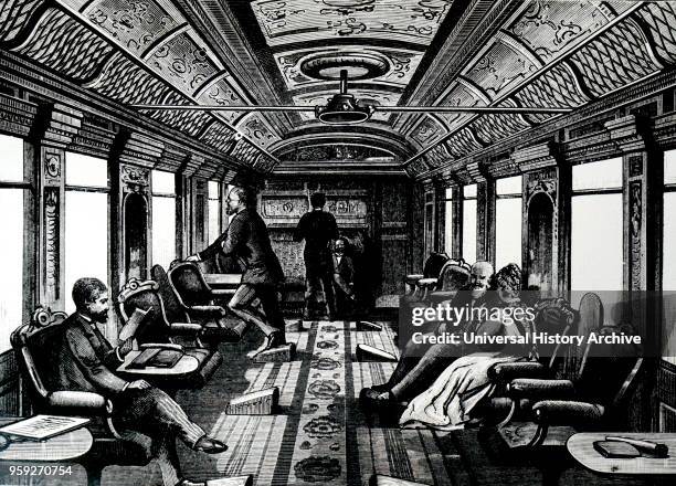Engraving depicting the interior of a saloon car on the Orient Express. The Orient Express was a long-distance passenger train service created in...