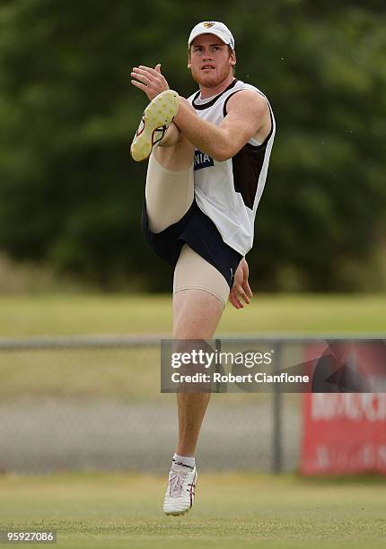 Jarryd Roughead of the Hawks kicks during a Hawthorn Hawks AFL training session at Toomuc Recreation Reserve on January 22, 2010 in Melbourne,...