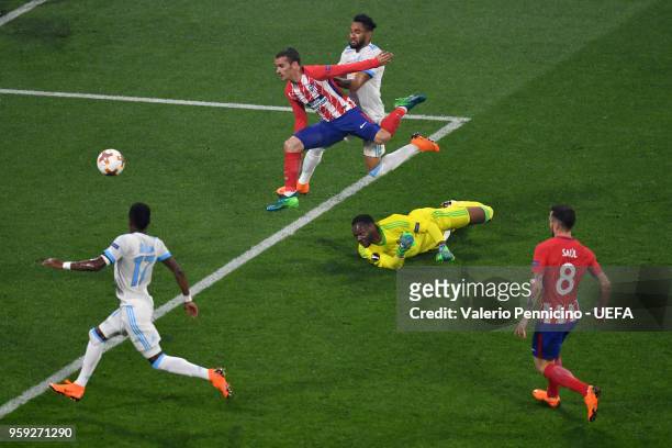 Antoine Griezmann of Atletico Madrid scores his team's second goal of the game during the UEFA Europa League Final between Olympique de Marseille and...