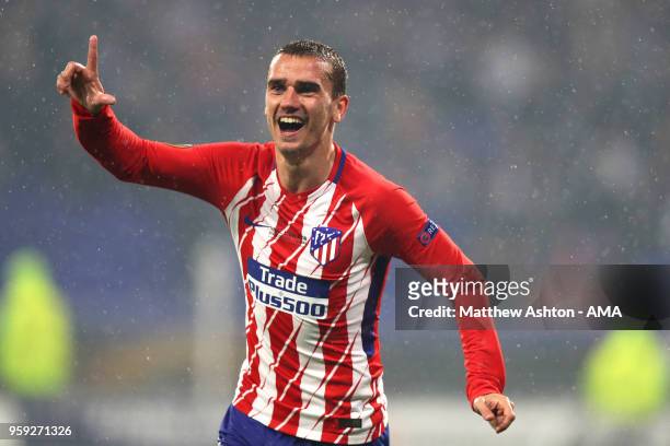 Antoine Griezmann of Atletico Madrid celebrates scoring a goal to make it 0-2 during the UEFA Europa League Final between Olympique de Marseille and...