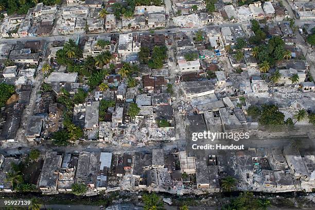 In this handout image provided by the United Nations Stabilization Mission in Haiti , an arial photograph shows the destruction of a town 40...