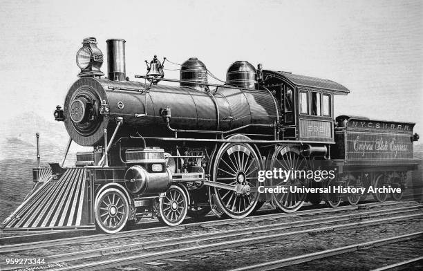 Engraving depicting a Class 999 locomotive used on the New York Central and Hudson River Railroad. Dated 19th century.