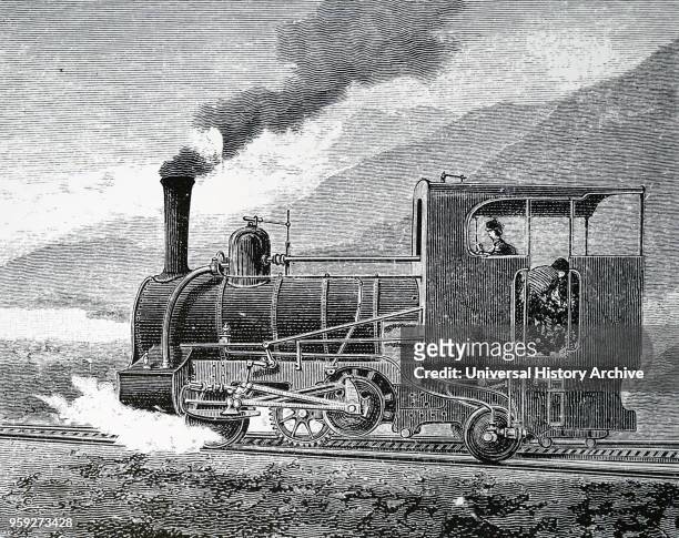 Engraving depicting Nicklaus Riggenbach's rack railway at Kahlenberg, Vienna. Nicklaus Riggenbach a French inventor. Dated 19th century.
