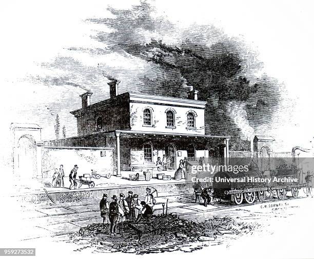 Engraving depicting Wendon Railway Station , Saffron Walden, England, as it appeared in 1845. Dated 19th century.