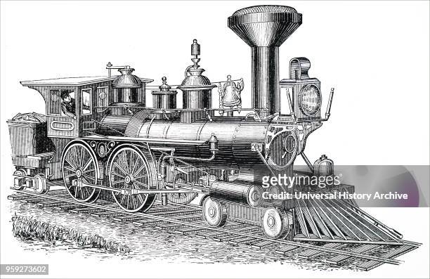 Engraving depicting an American locomotive. Dated 19th century.