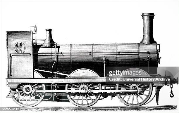 Engraving depicting a 0-6-0 locomotive. Under the Whyte notation for the classification of steam locomotives, 0-6-0 represents the wheel arrangement...
