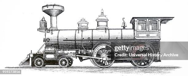 Engraving depicting a 4-4-0 American Express Locomotive. Under the Whyte notation for the classification of steam locomotives by wheel arrangement,...