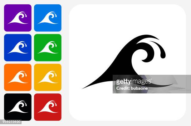 stockillustraties, clipart, cartoons en iconen met wave pictogram vierkante knop set - surfboard