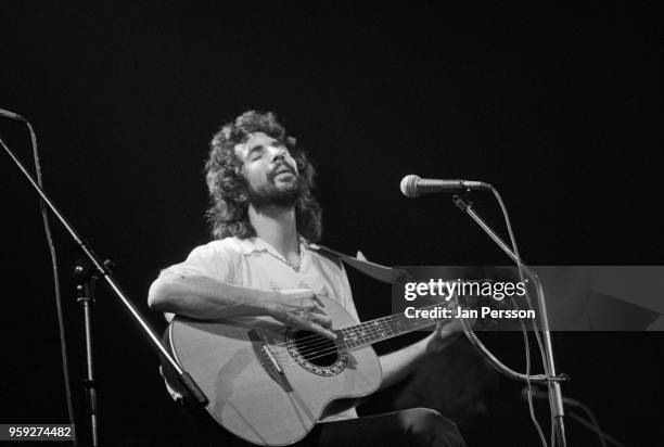 British singer-songwriter Cat Stevens performing in Copenhagen, Denmark, 1974.