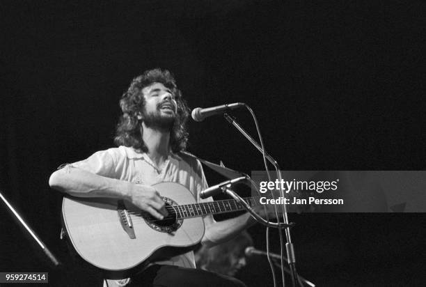 British singer-songwriter Cat Stevens performing in Copenhagen, Denmark, 1974.