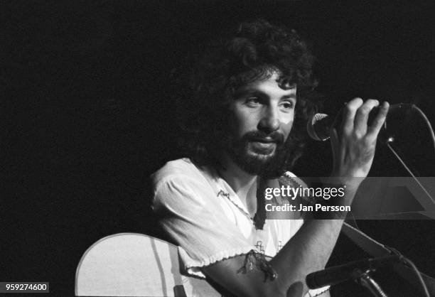 British singer-songwriter Cat Stevens performing in Copenhagen, Denmark, 1974.