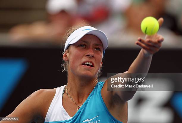 Yanina Wickmayer of Belgium serves in her third round match against Sara Errani of Italy during day five of the 2010 Australian Open at Melbourne...