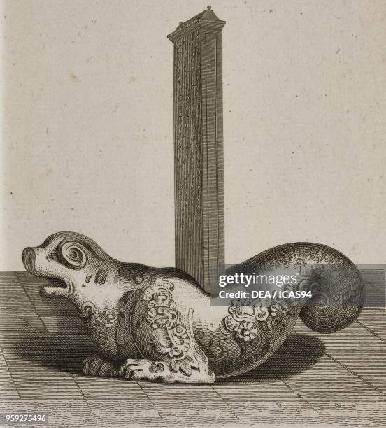 Column with inscriptions resting upon the back of an animal, Chinese monument, engraving by Ambroise Tardieu from Voyage dans l'interieur de la...