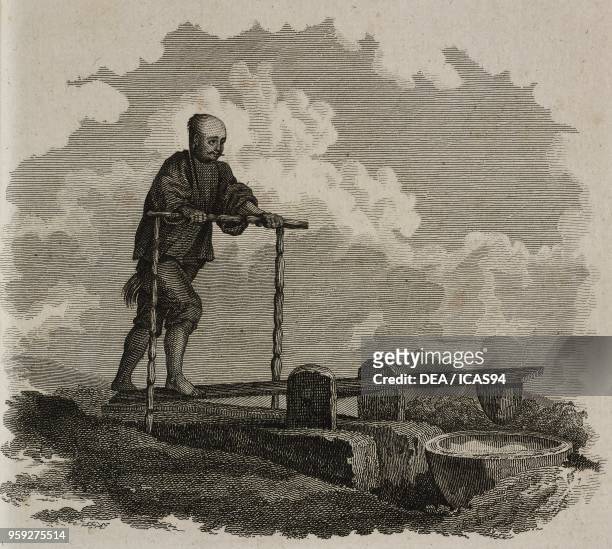 Rice crushing system, China, engraving by Ambroise Tardieu from Voyage dans l'interieur de la Chine, et en Tartarie, fait dans les annees 1792, 1793...