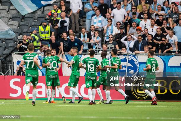 Players from Hammarby IF celebrate after Nikola Djurdjic scores the 1-1 equalizing goal during an Allsvenskan match between Hammarby IF and Malmo FF...