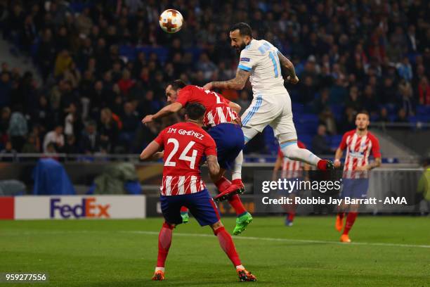 Kostas Mitroglou of Marseille heads at goal during the UEFA Europa League Final between Olympique de Marseille and Club Atletico de Madrid at Stade...