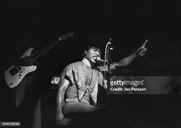 American rock and roll singer and pianist Little Richard performing in Copenhagen, Denmark, June 1975
