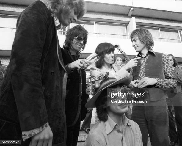 The Rolling Stones, group portrait in Copenhagen, Denmark, September 1970. L-R Mick Taylor, Keith Richards, Bill Wyman, Mick Jagger, Charlie Watts.