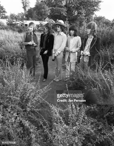 The Rolling Stones, group portrait in Copenhagen, Denmark, September 1970. L-R Charlie Watts, Keith Richards, Mick Jagger, Bill Wyman, Mick Taylor.
