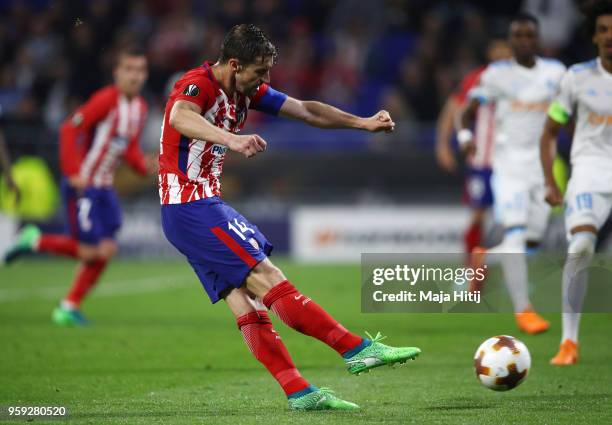 Gabi of Atletico Madrid scores his team's third goal of the game during the UEFA Europa League Final between Olympique de Marseille and Club Atletico...